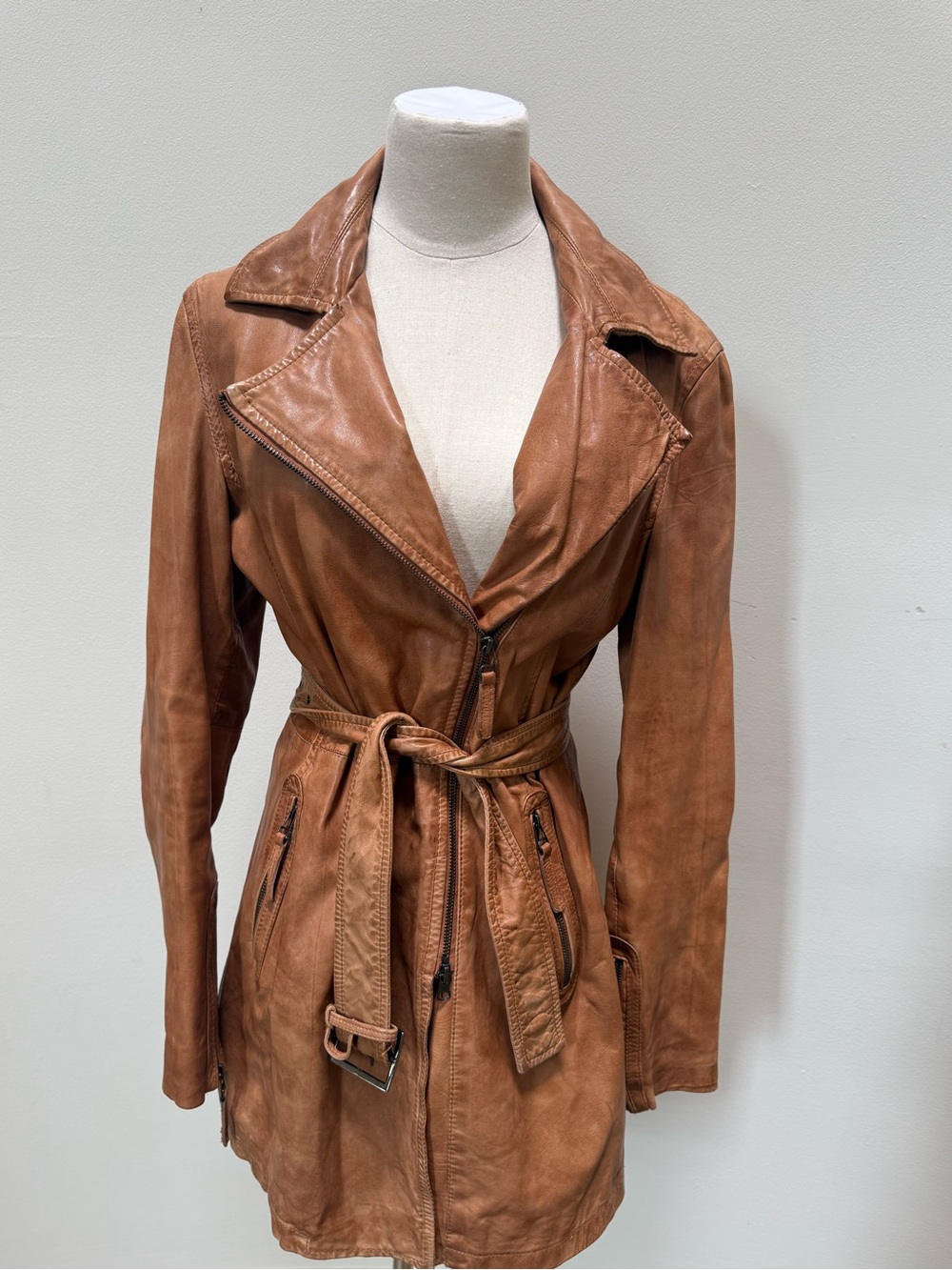 Cognac Leather Belted Moto Jacket Small